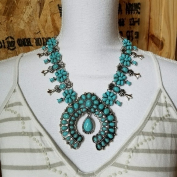 Squash Blossom SILVER Tone TURQUOISE Necklace - Picture 5 of 7